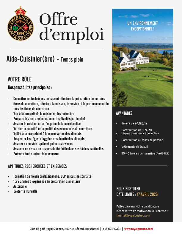 Offre-Emploi---Aide-Cuisinier---Club-de-golf-Royal-Québec