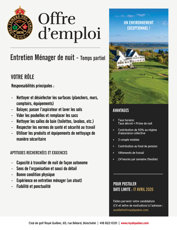 Offre-Emploi---Entretien-Ménager-de-nuit---Club-de-golf-Royal-Québec